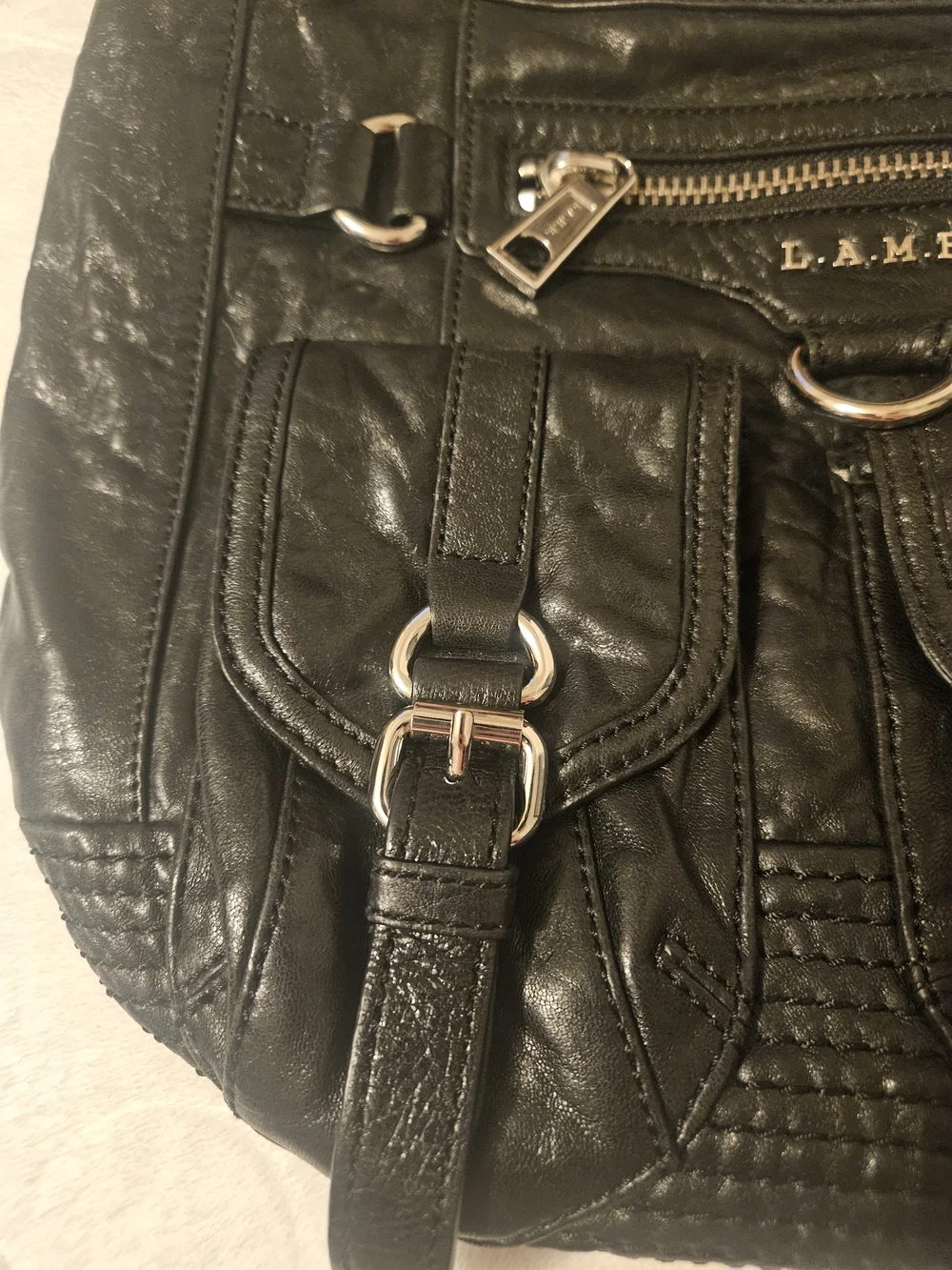 Vintage L.A.M.B. Gwen Stefani Black Leather Multi-Pocket Hobo Bag Y2K